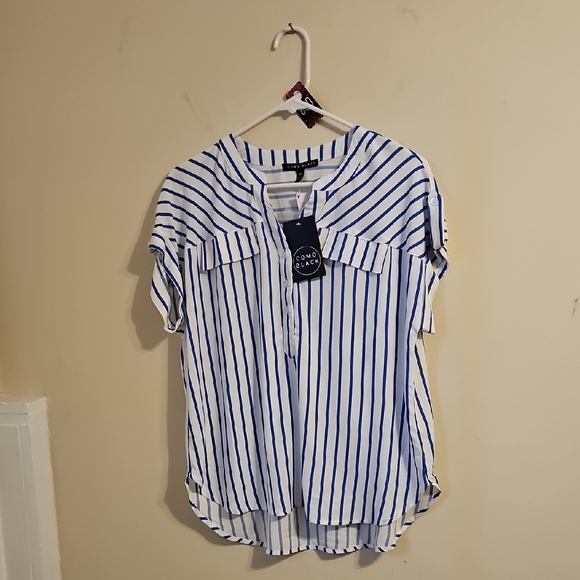 Como Black Tops - Como Black Brand Blue And White Striped V Neck Blouse.  NWT